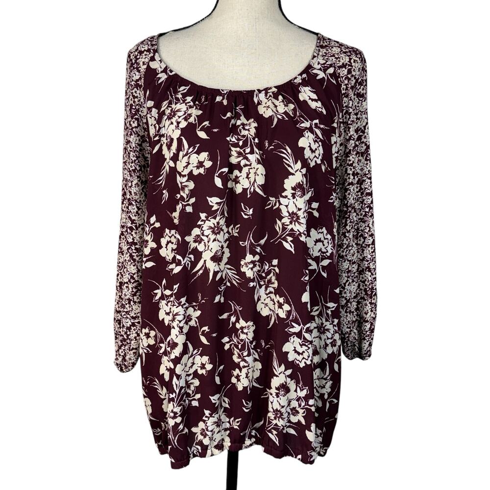 Croft & Barrow 1X-Large Top Floral 3/4 Balloon Sleeves Lightweight Round Neck